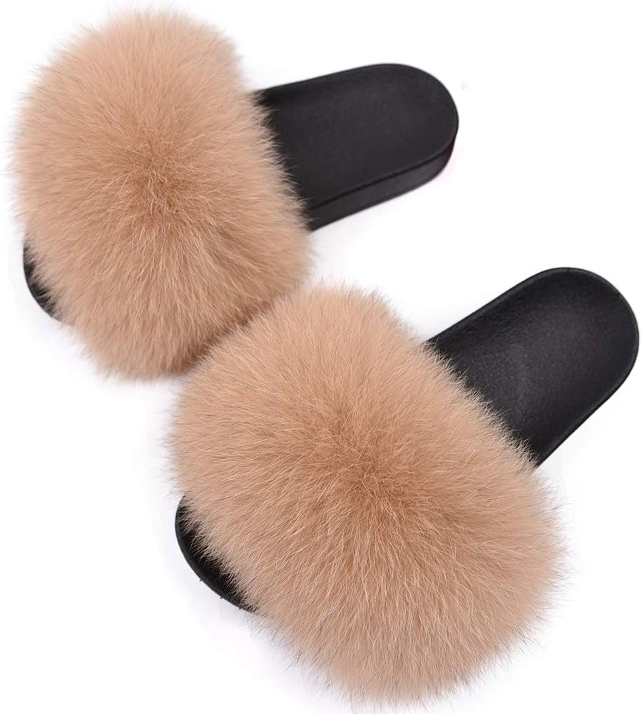 Real Fox Fur Slides for Women - Furry Slides Fluffy Fur Slippers Open Toe Flat Slides Fur Sandals Outdoor