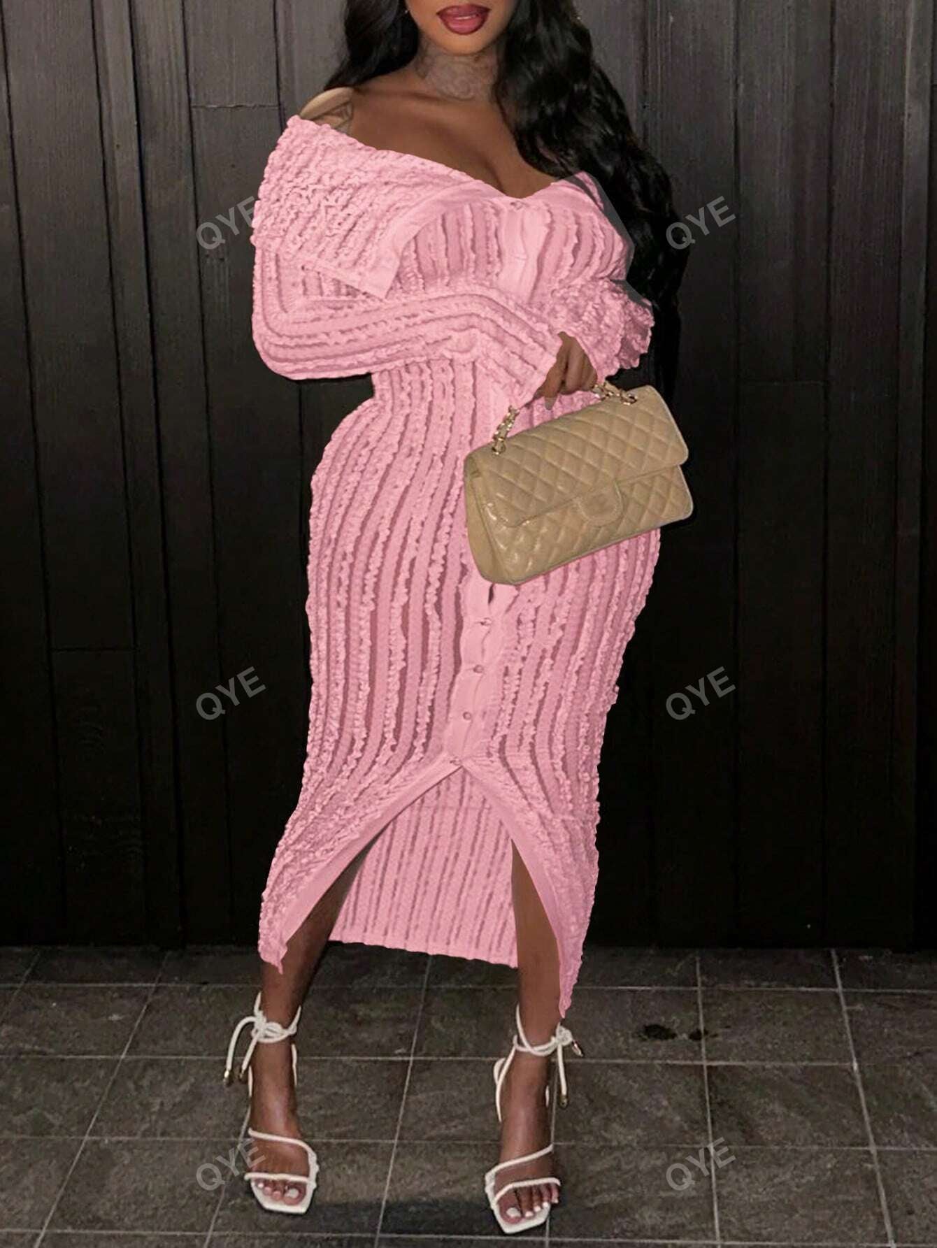 Women'S Fashionable off Shoulder Long Sleeve Knitted Dress