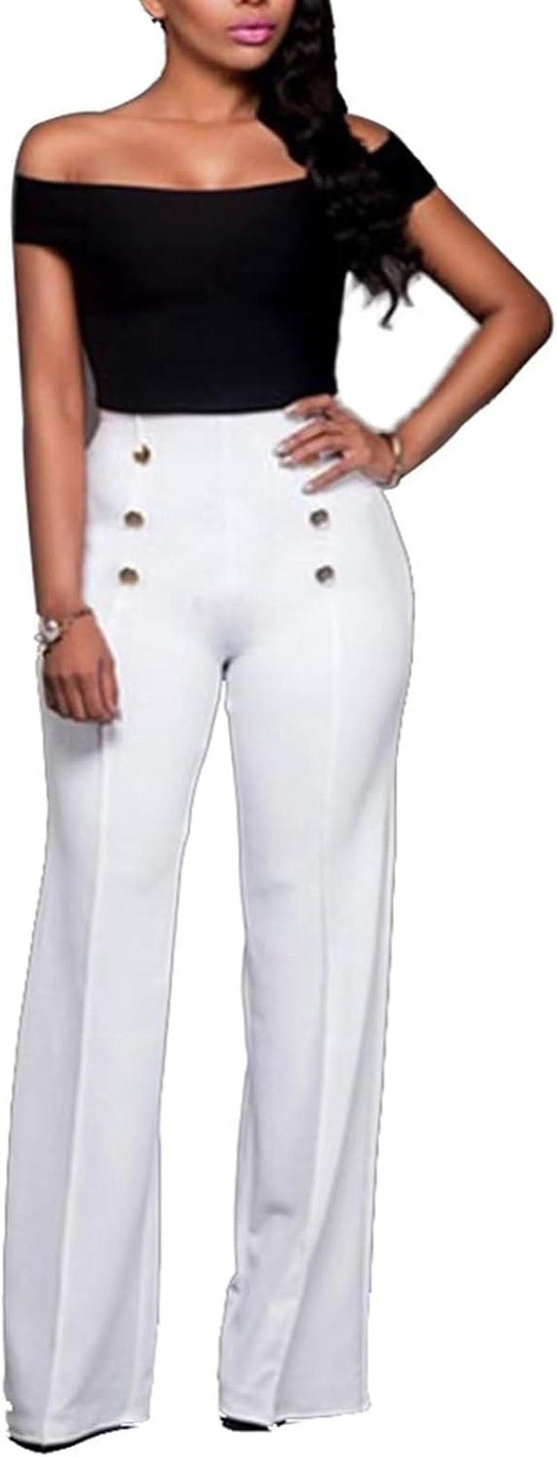 Women'S Stretchy High Waisted Wide Leg Button-Down Pants Sailor Bell Flare Pants