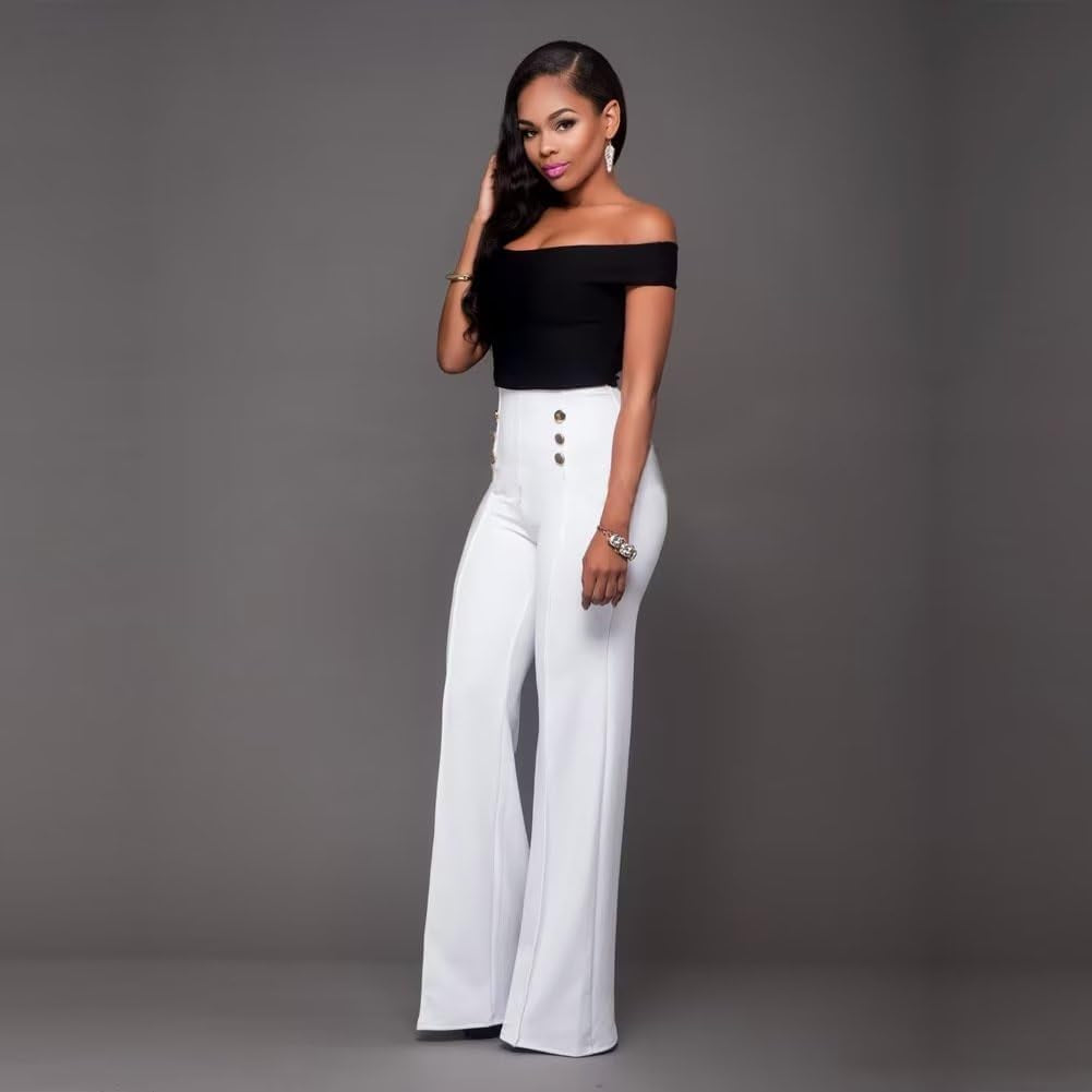 Women'S Stretchy High Waisted Wide Leg Button-Down Pants Sailor Bell Flare Pants