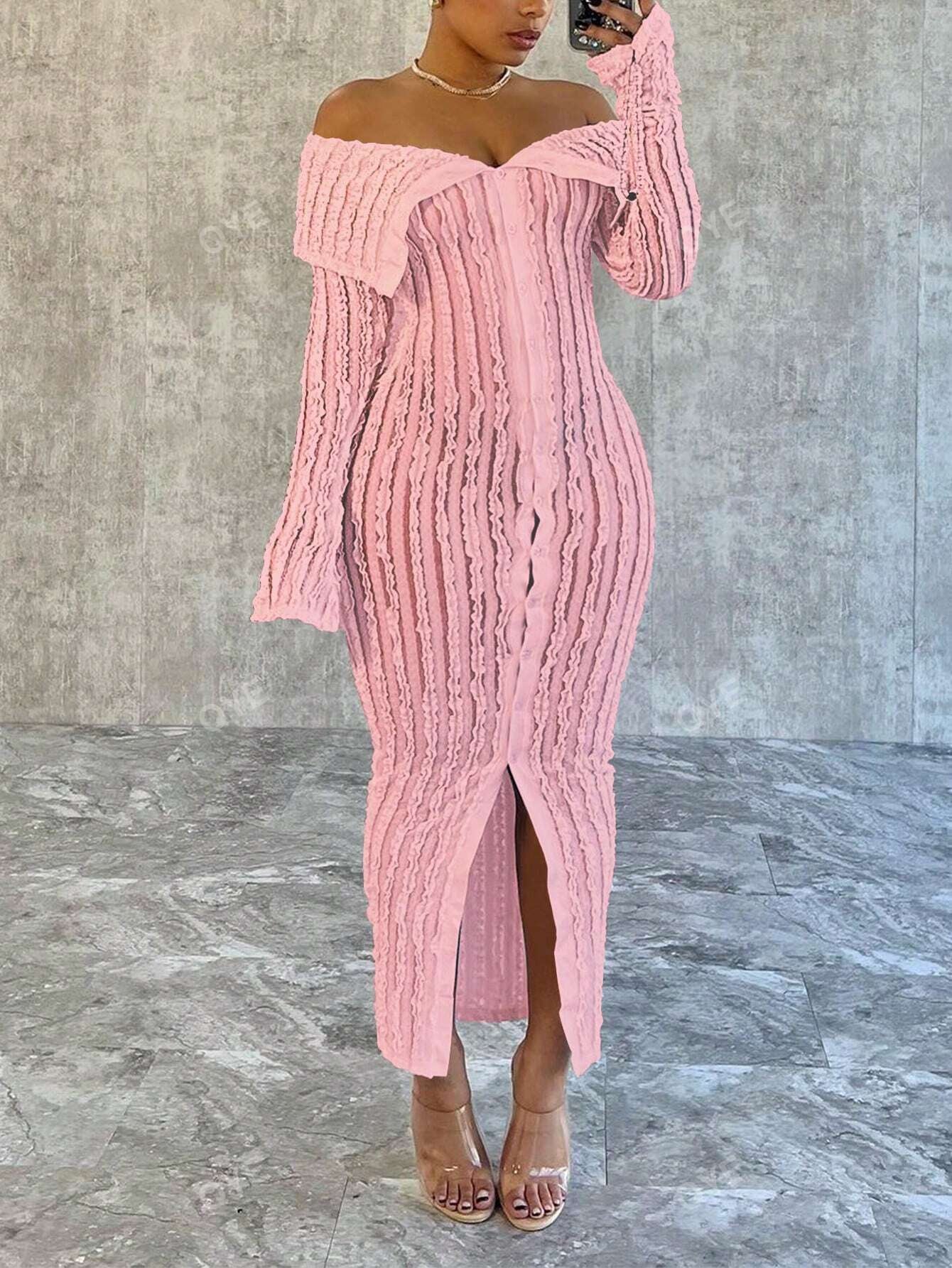 Women'S Fashionable off Shoulder Long Sleeve Knitted Dress