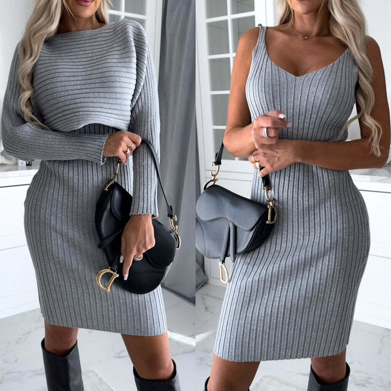 Women's 2-Piece Solid Stripe Long-Sleeved Top and Fitted Suspender Skirt Set for Autumn and Winter Fashion