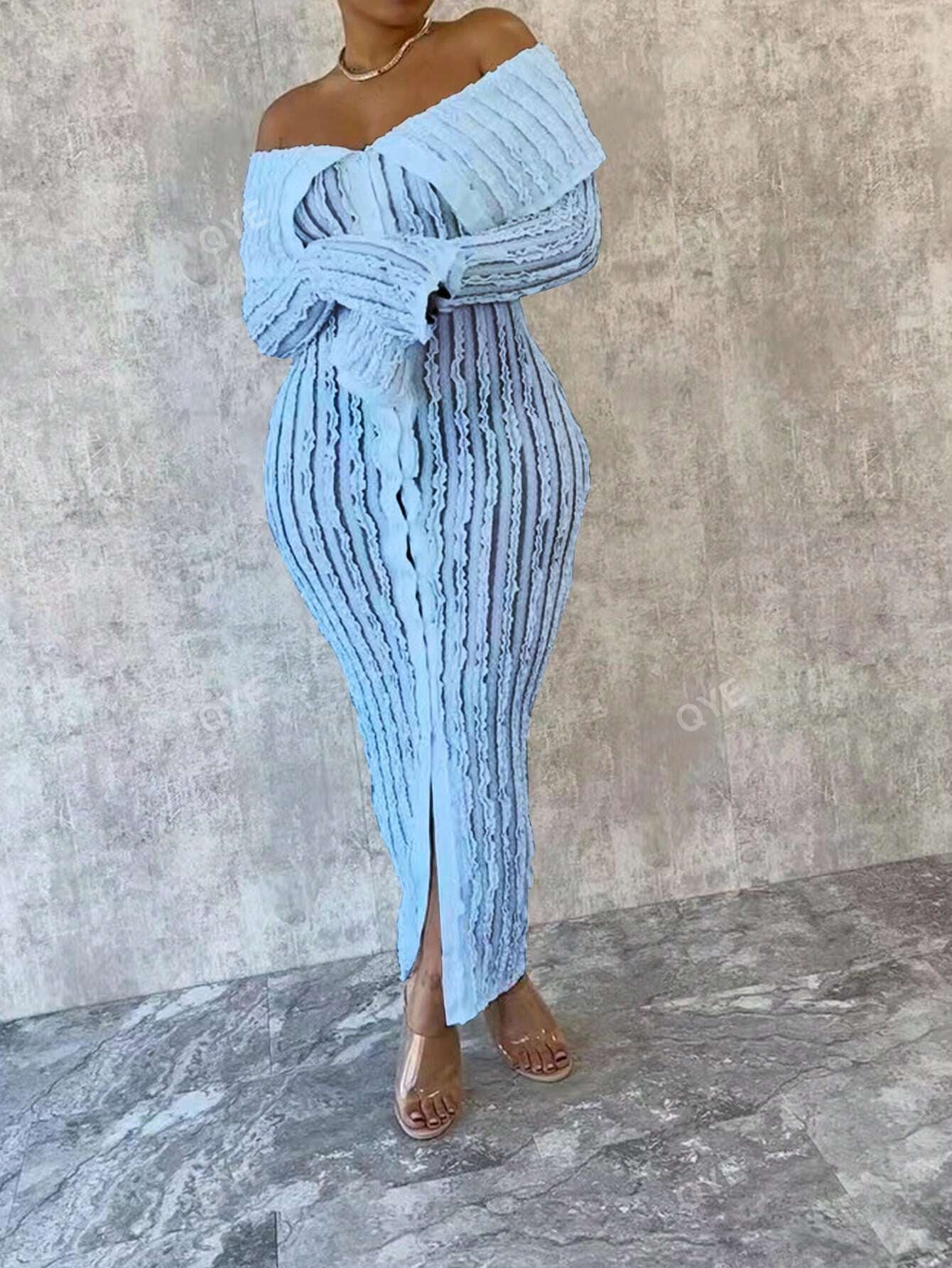 Women'S Fashionable off Shoulder Long Sleeve Knitted Dress