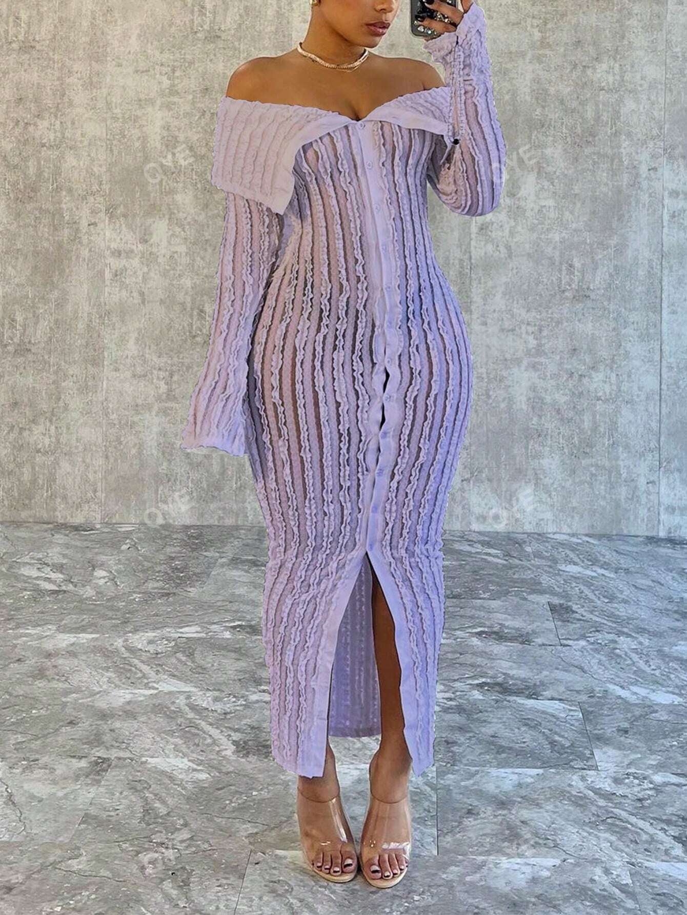 Women'S Fashionable off Shoulder Long Sleeve Knitted Dress