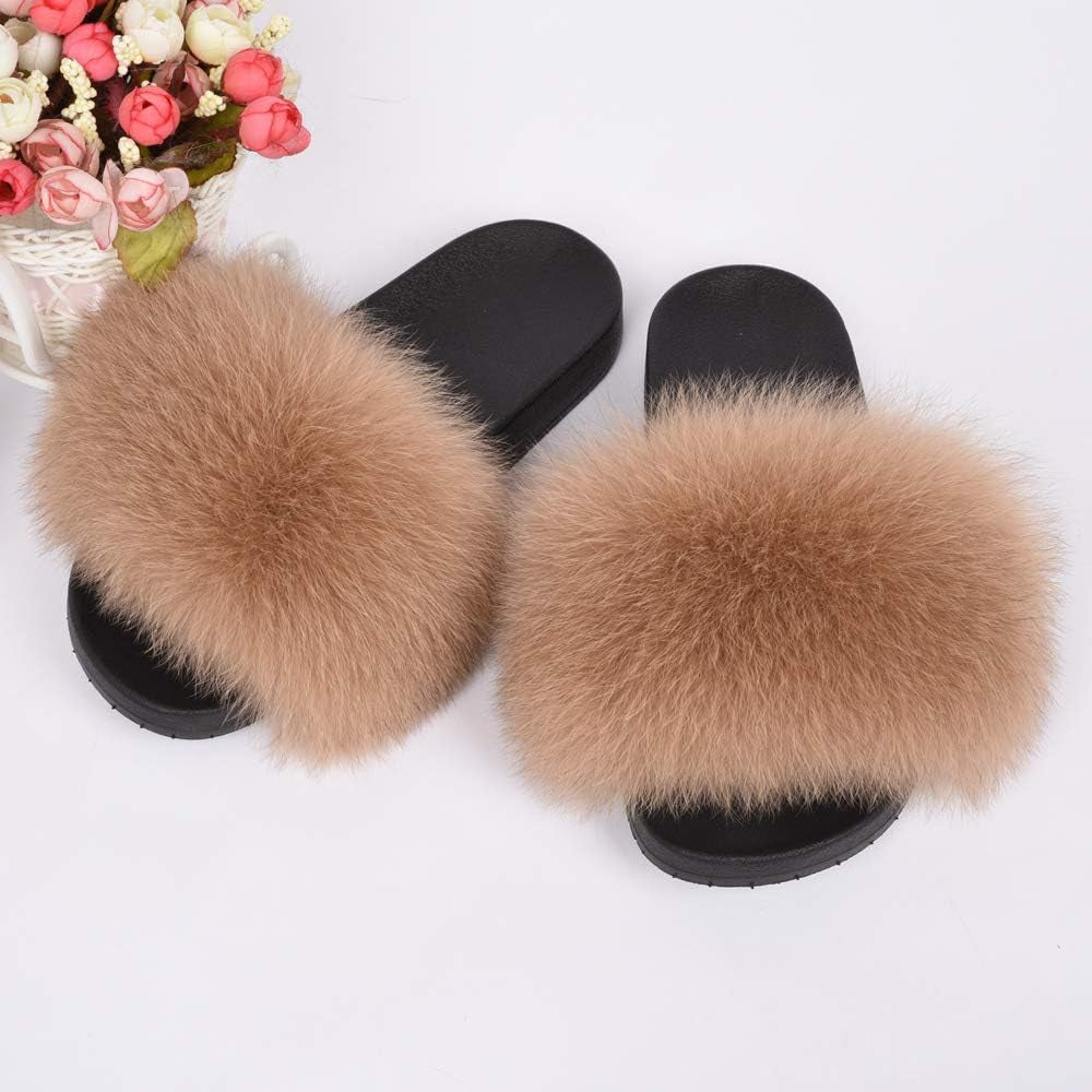 Real Fox Fur Slides for Women - Furry Slides Fluffy Fur Slippers Open Toe Flat Slides Fur Sandals Outdoor