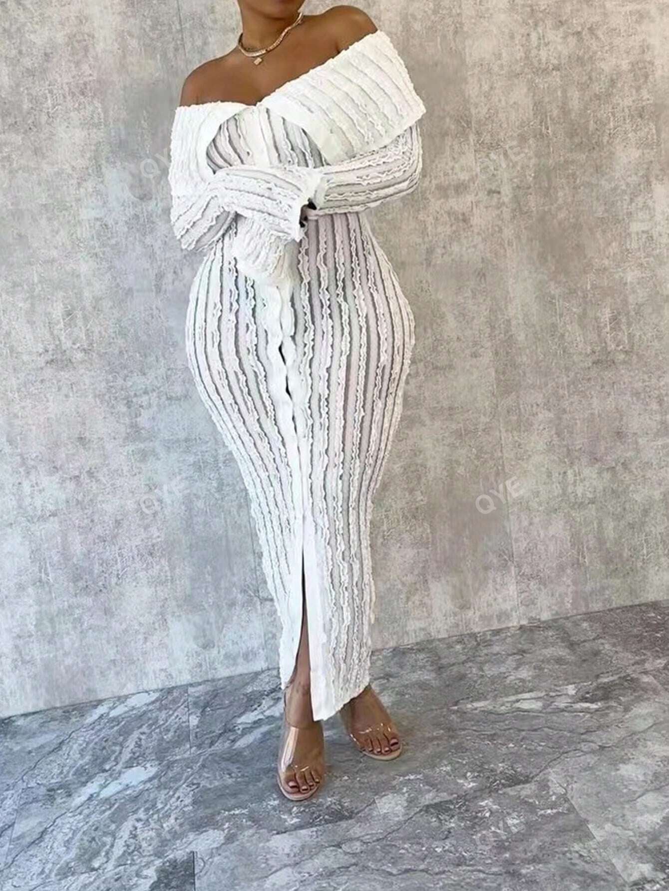 Women'S Fashionable off Shoulder Long Sleeve Knitted Dress