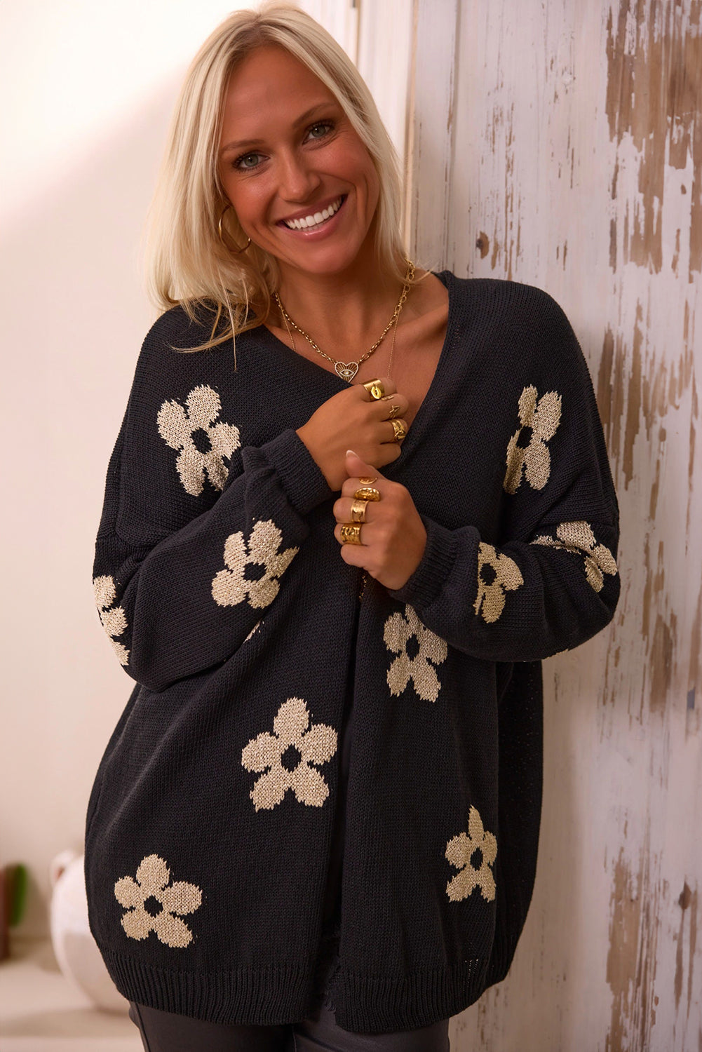 Black Floral Print Knitted Open Front Loose Cardigan