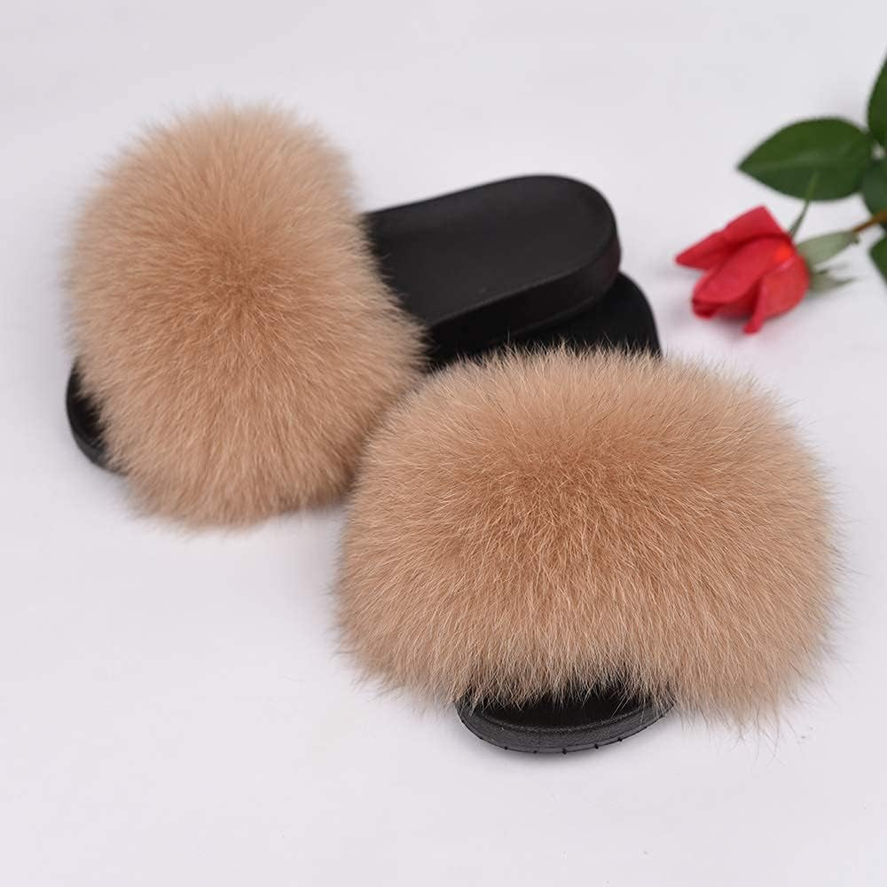 Real Fox Fur Slides for Women - Furry Slides Fluffy Fur Slippers Open Toe Flat Slides Fur Sandals Outdoor