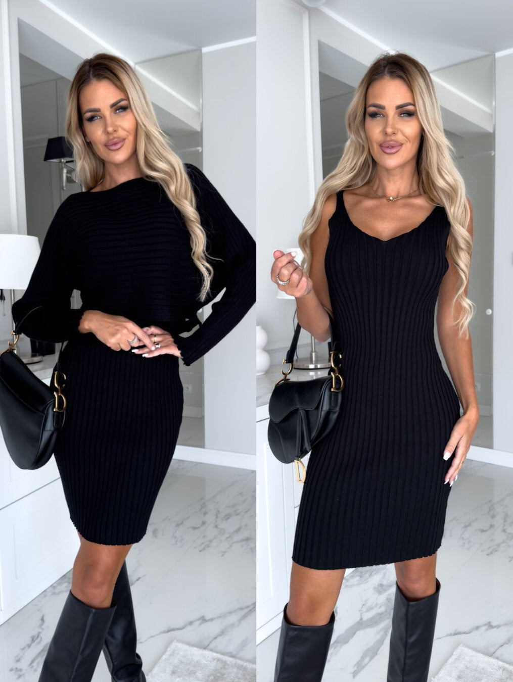 Women's 2-Piece Solid Stripe Long-Sleeved Top and Fitted Suspender Skirt Set for Autumn and Winter Fashion