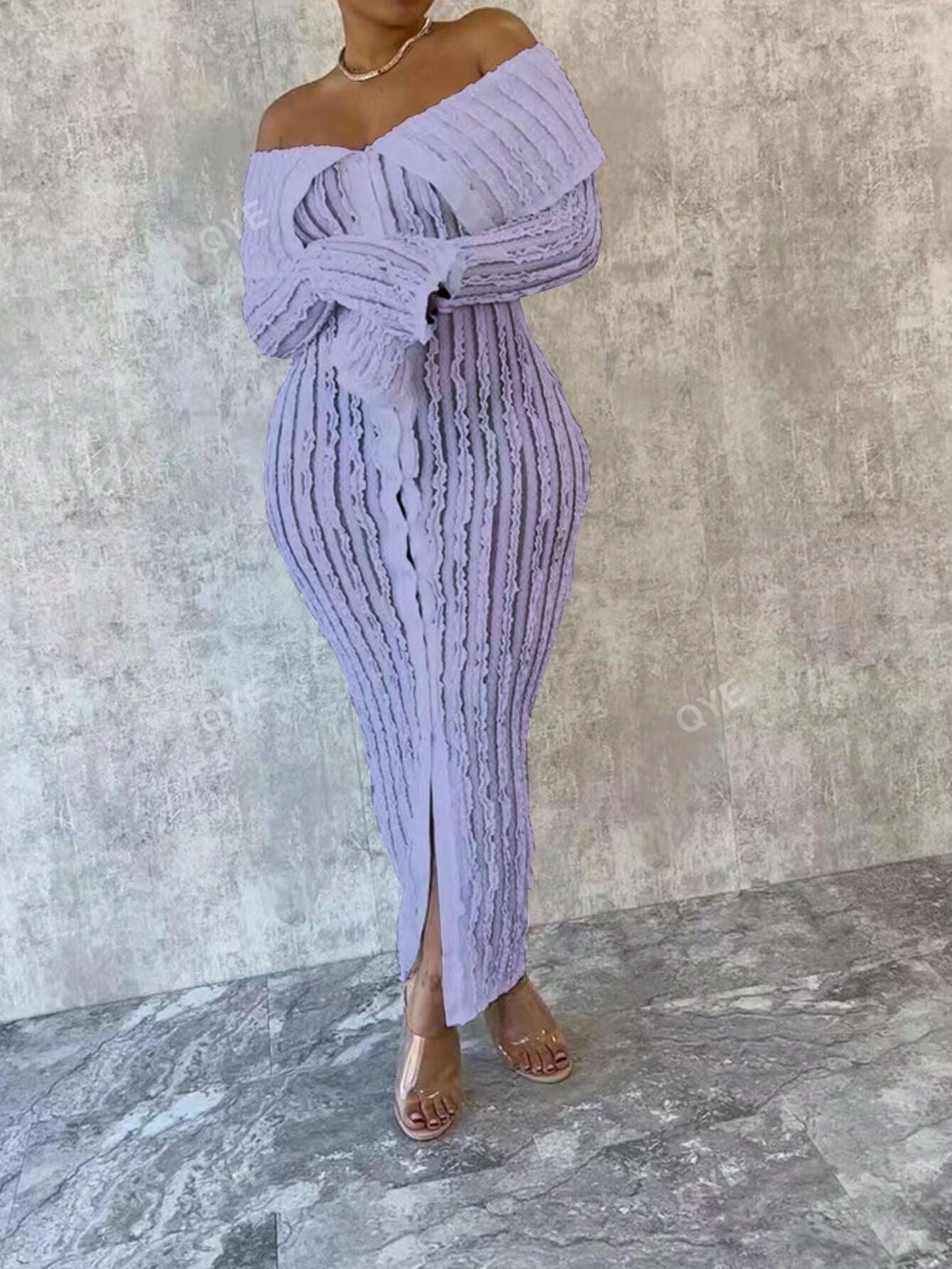 Women'S Fashionable off Shoulder Long Sleeve Knitted Dress