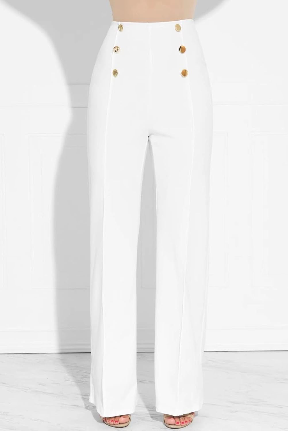 Women'S Stretchy High Waisted Wide Leg Button-Down Pants Sailor Bell Flare Pants