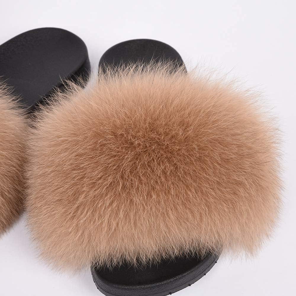 Real Fox Fur Slides for Women - Furry Slides Fluffy Fur Slippers Open Toe Flat Slides Fur Sandals Outdoor