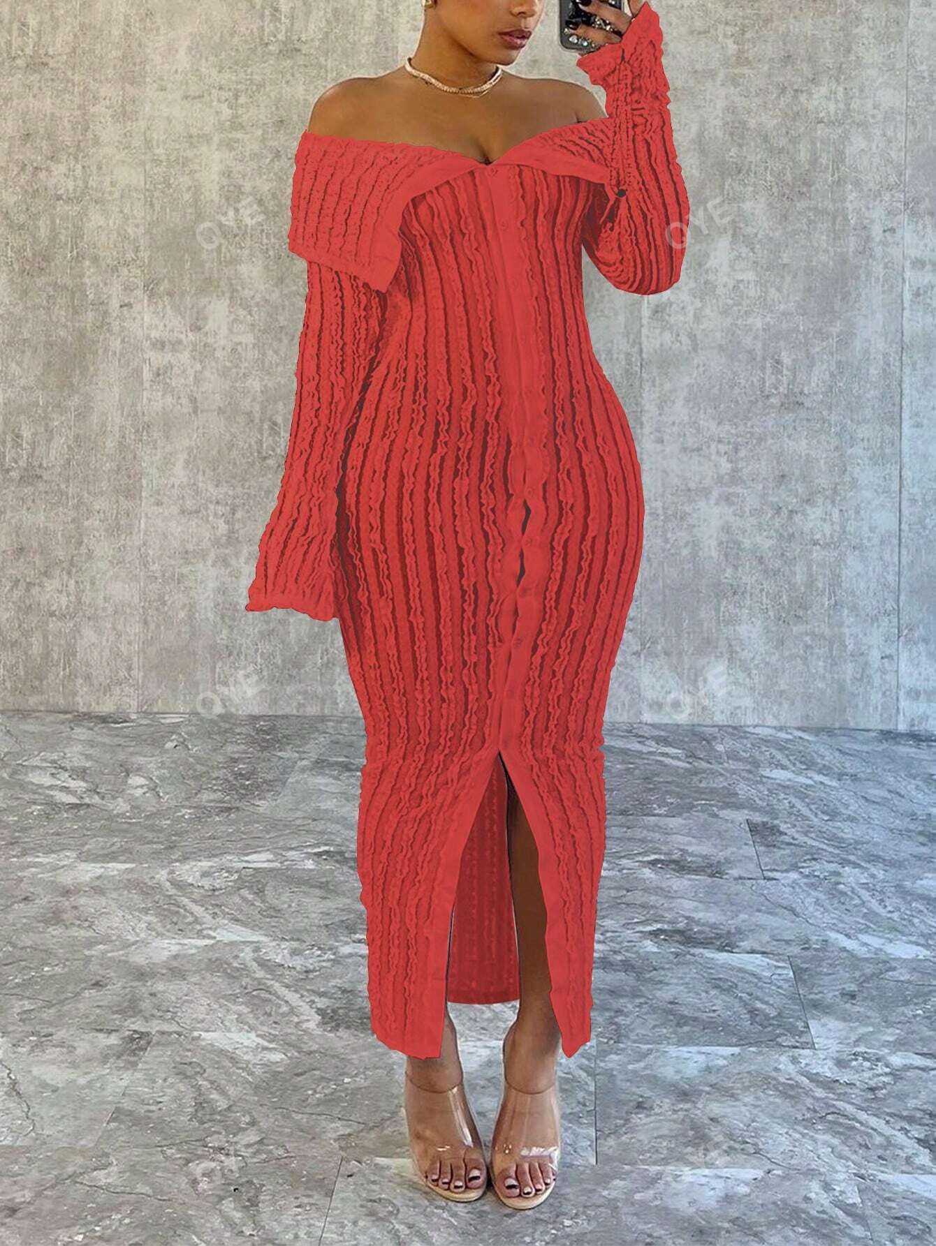 Women'S Fashionable off Shoulder Long Sleeve Knitted Dress