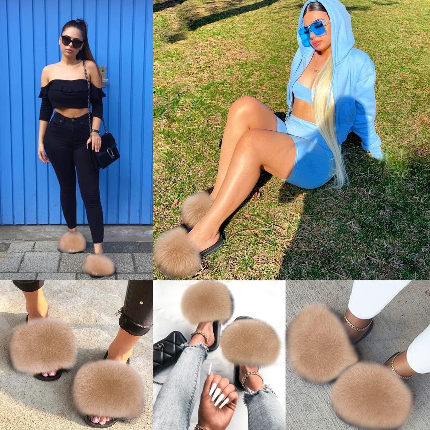 Real Fox Fur Slides for Women - Furry Slides Fluffy Fur Slippers Open Toe Flat Slides Fur Sandals Outdoor