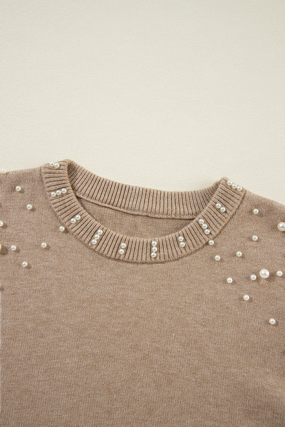 Smoke Gray Pearled Drop Shoulder Round Neck Sweater