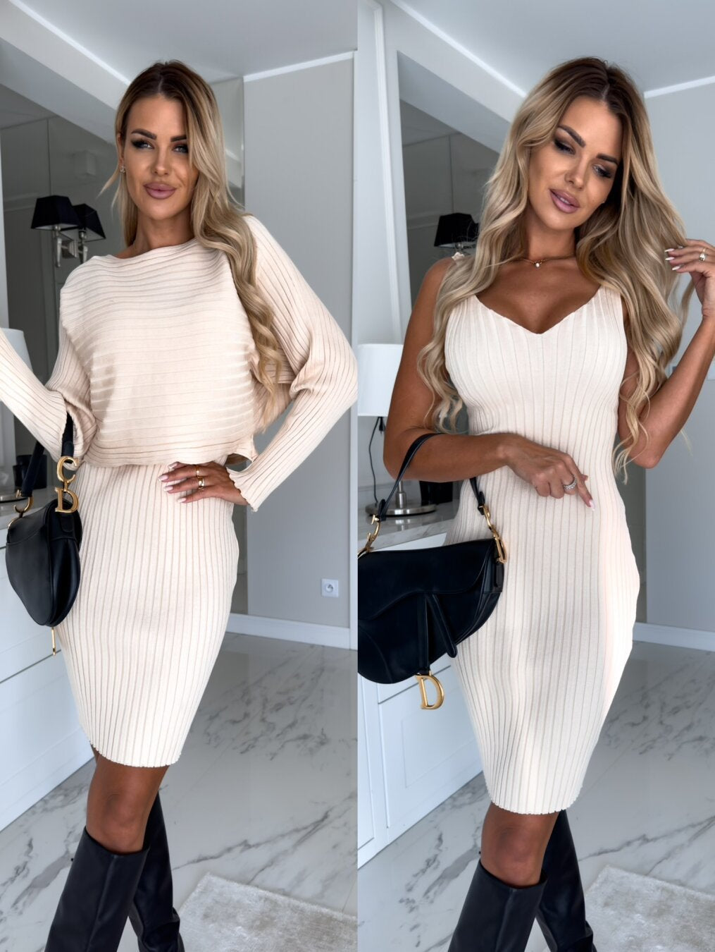 Women's 2-Piece Solid Stripe Long-Sleeved Top and Fitted Suspender Skirt Set for Autumn and Winter Fashion