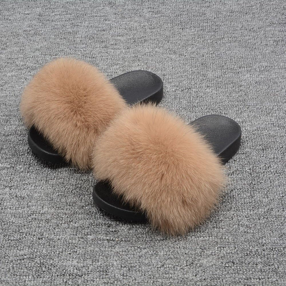 Real Fox Fur Slides for Women - Furry Slides Fluffy Fur Slippers Open Toe Flat Slides Fur Sandals Outdoor